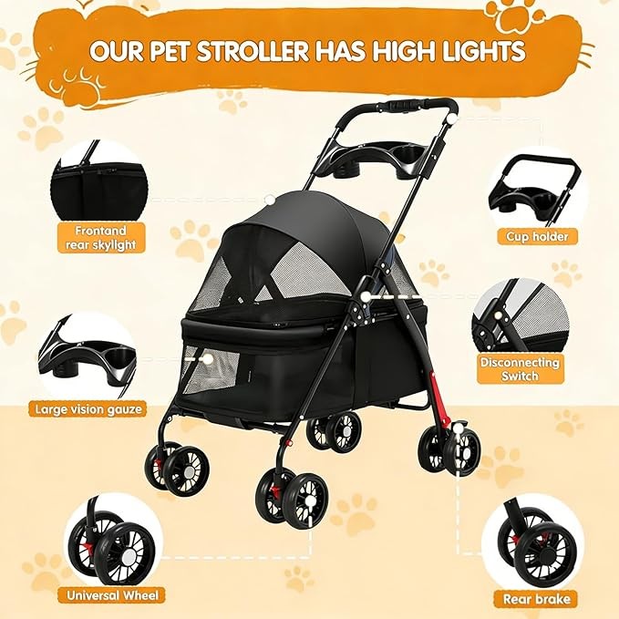 Cat Pet Stroller Lightweight Foldable 4 Wheel Travel Pushchair with Rain Cover
