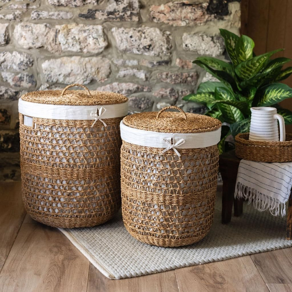 Extra Large Seagrass Laundry Basket with Lid & Removable Liner | Handwoven Hampe