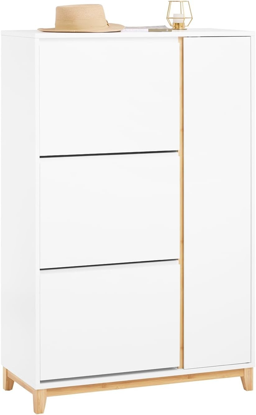 White Slim Shoe Cabinet 3 Flip Drawers & Cupboard Adjustable Shelf 80x34x122cm