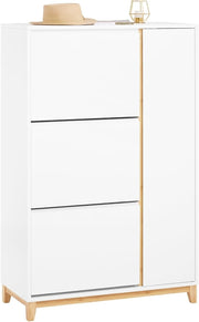 White Slim Shoe Cabinet 3 Flip Drawers & Cupboard Adjustable Shelf 80x34x122cm