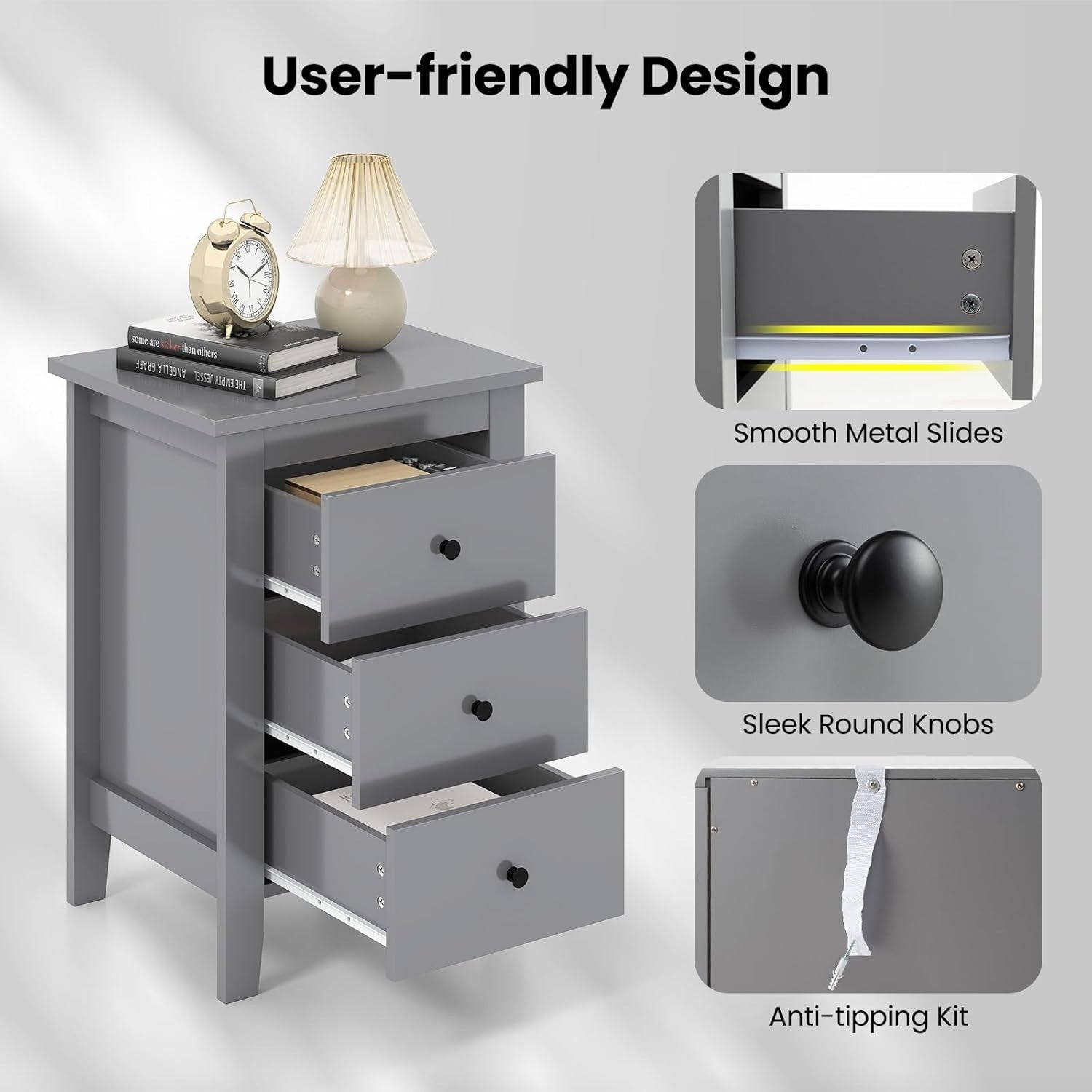 Set of 2 Grey 3 Drawer Bedside Tables | Modern Wooden Nightstands
