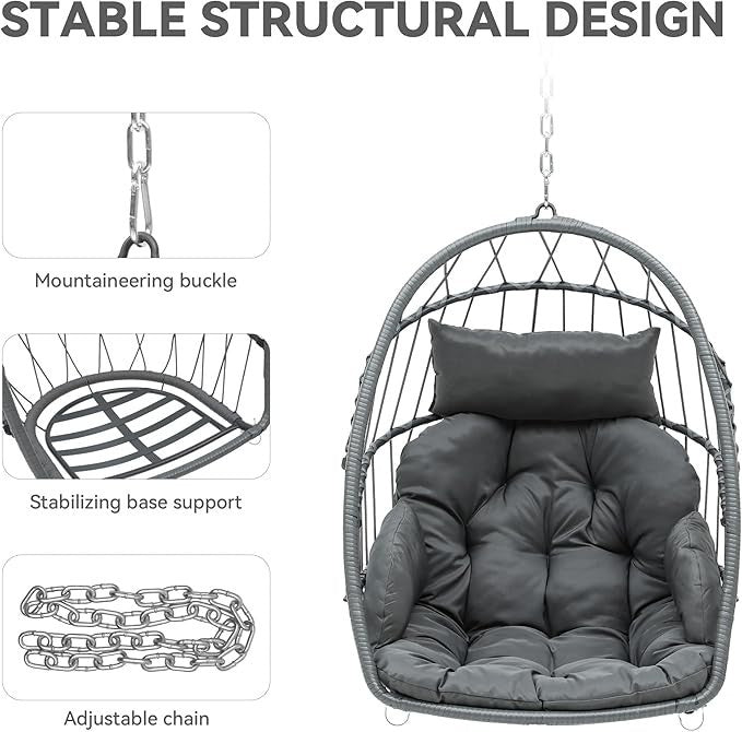 Hanging Egg Chair with Cushions Indoor Outdoor Rattan Seat 105x74x72cm
