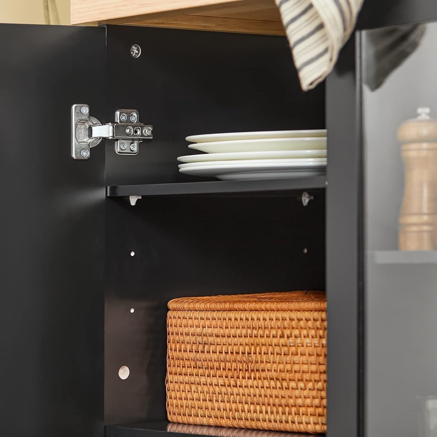 Black Compact Kitchen Island on Wheels with Cupboard, Side Rack & Worktop