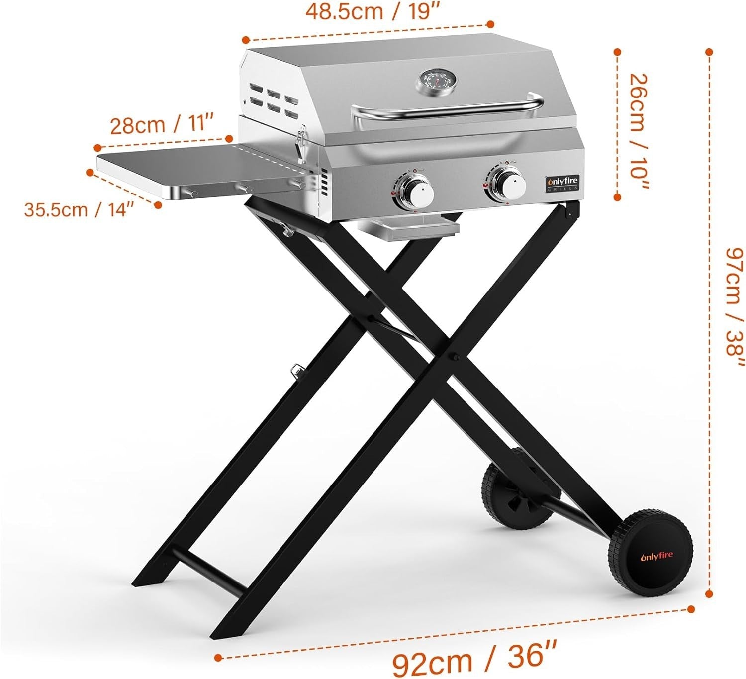 2 Burner Portable Gas BBQ Grill with Folding Trolley, Lid & Thermometer Outdoor