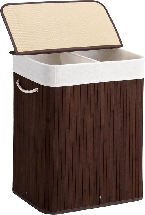 Large 100L Bamboo Laundry Hamper with Lid 2-Section Sorter Basket Brown