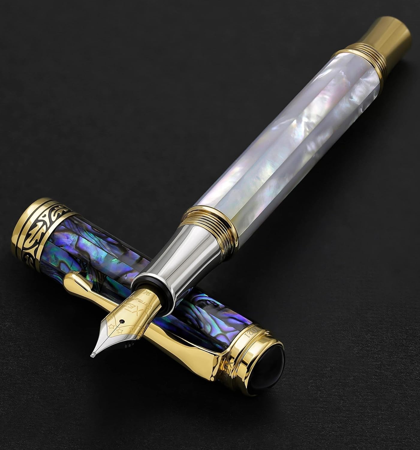 Luxury White Mother of Pearl & Blue Pāua Shell Fountain Pen Medium Nib