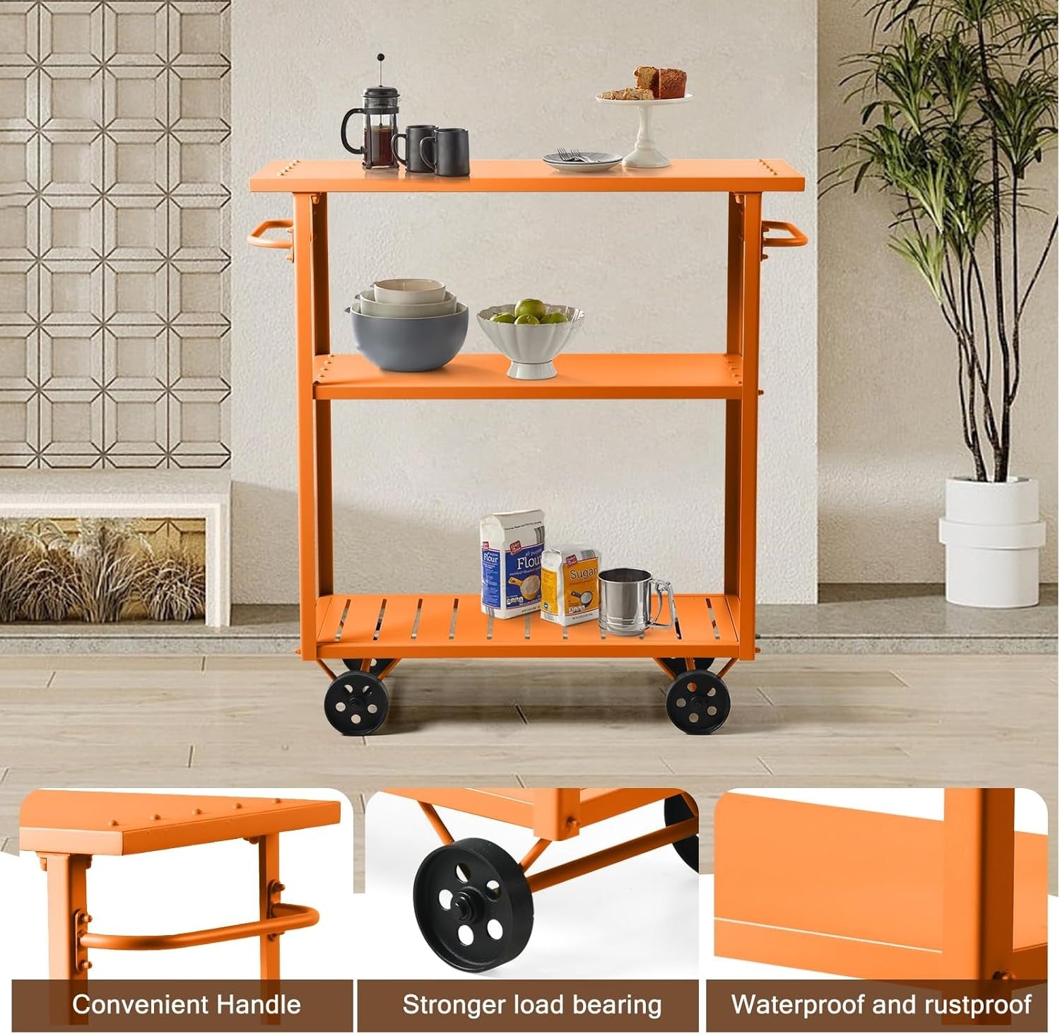 Industrial Bar Cart on Wheels 3 Tier Metal Serving Trolley with Handle
