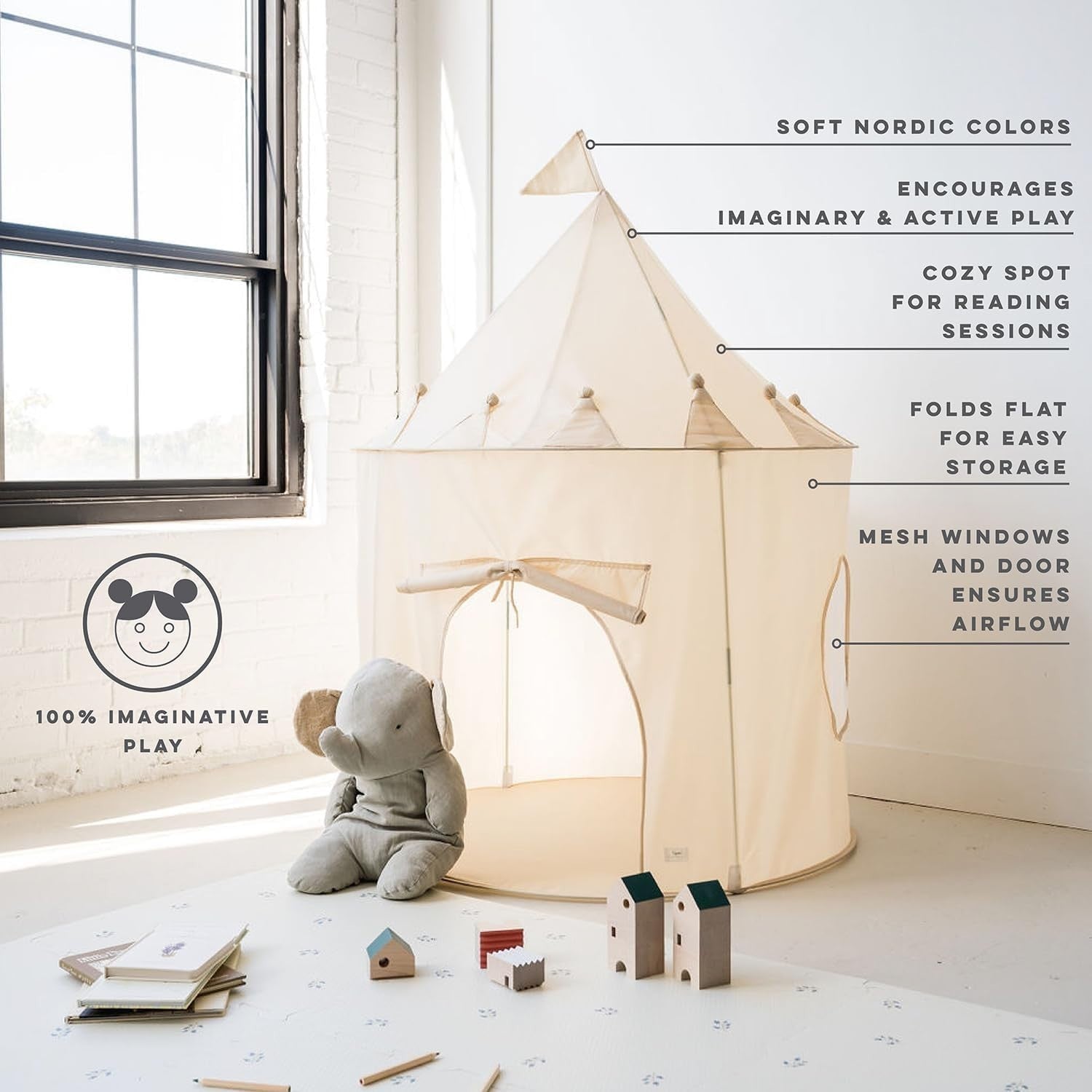 Neutral Beige Kids Indoor Play Tent Pop Up Fort House Large