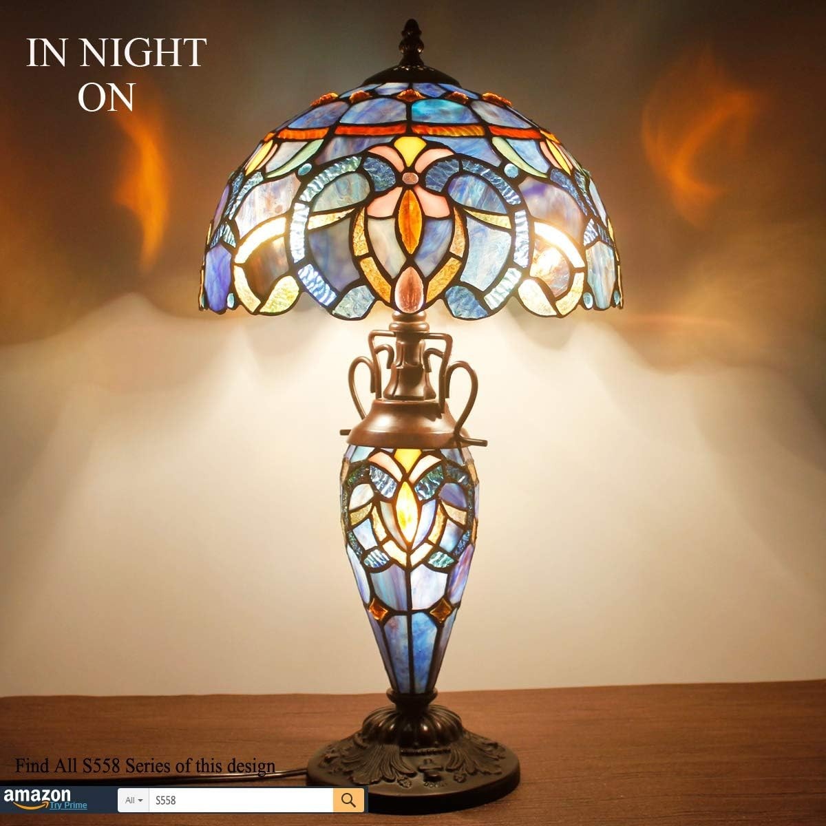 Stained Glass Tiffany Table Lamp with 3 Adjustable LED Lights & Bronze Base