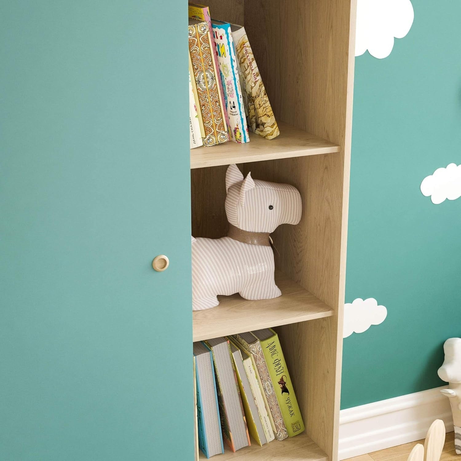 Children’s Wardrobe with Shelves & Rail, Blue Oak Kids Storage Cabinet