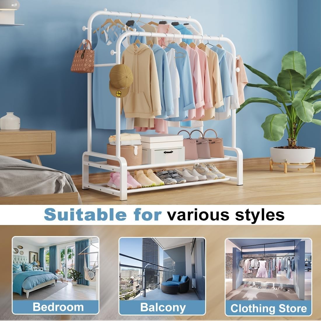 Heavy Duty Double Rail Clothes Rack with Shoe Shelves – White
