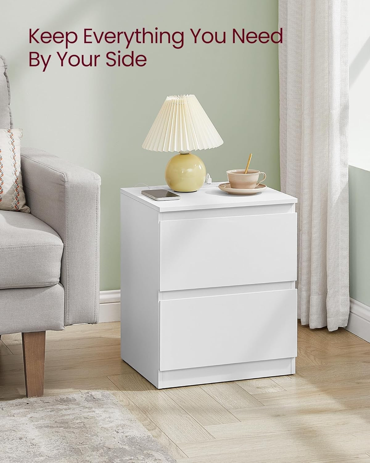 White Bedside Tables Set of 2 with Charging Station & Drawers Modern Nightstands