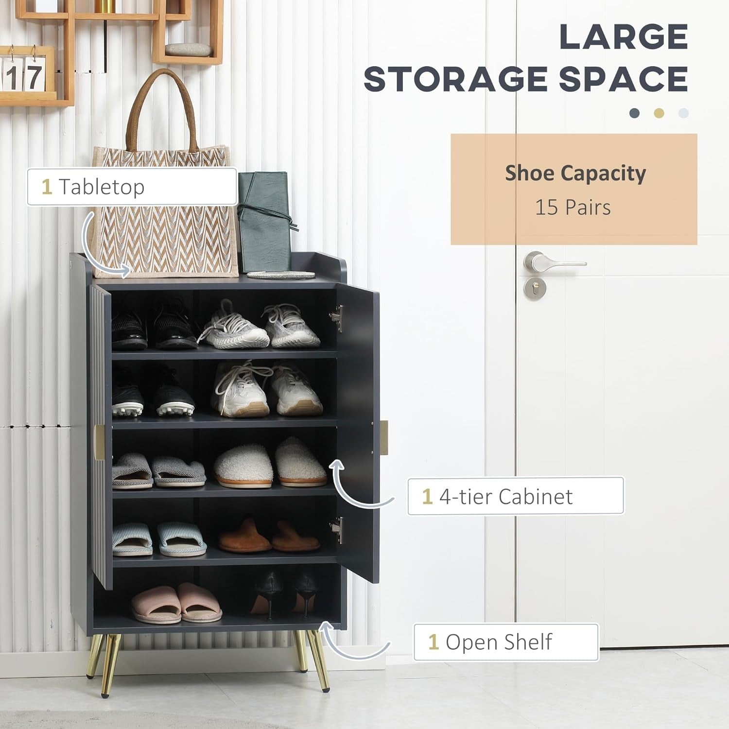 Modern 15-Pair Shoe Cabinet with Adjustable Shelves & Storage, 100x60x33cm Grey
