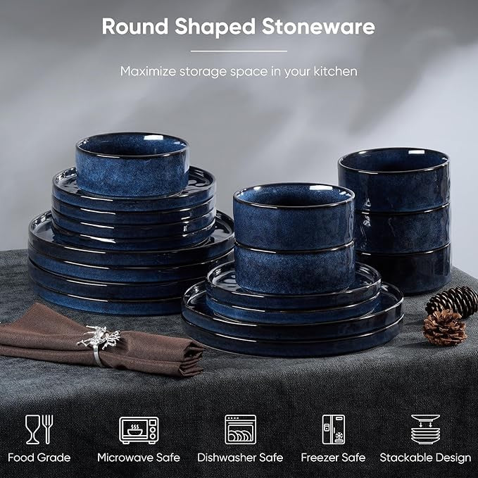 18pc Blue Stoneware Dinner Set Plates Bowls Reactive Glaze Service for 6