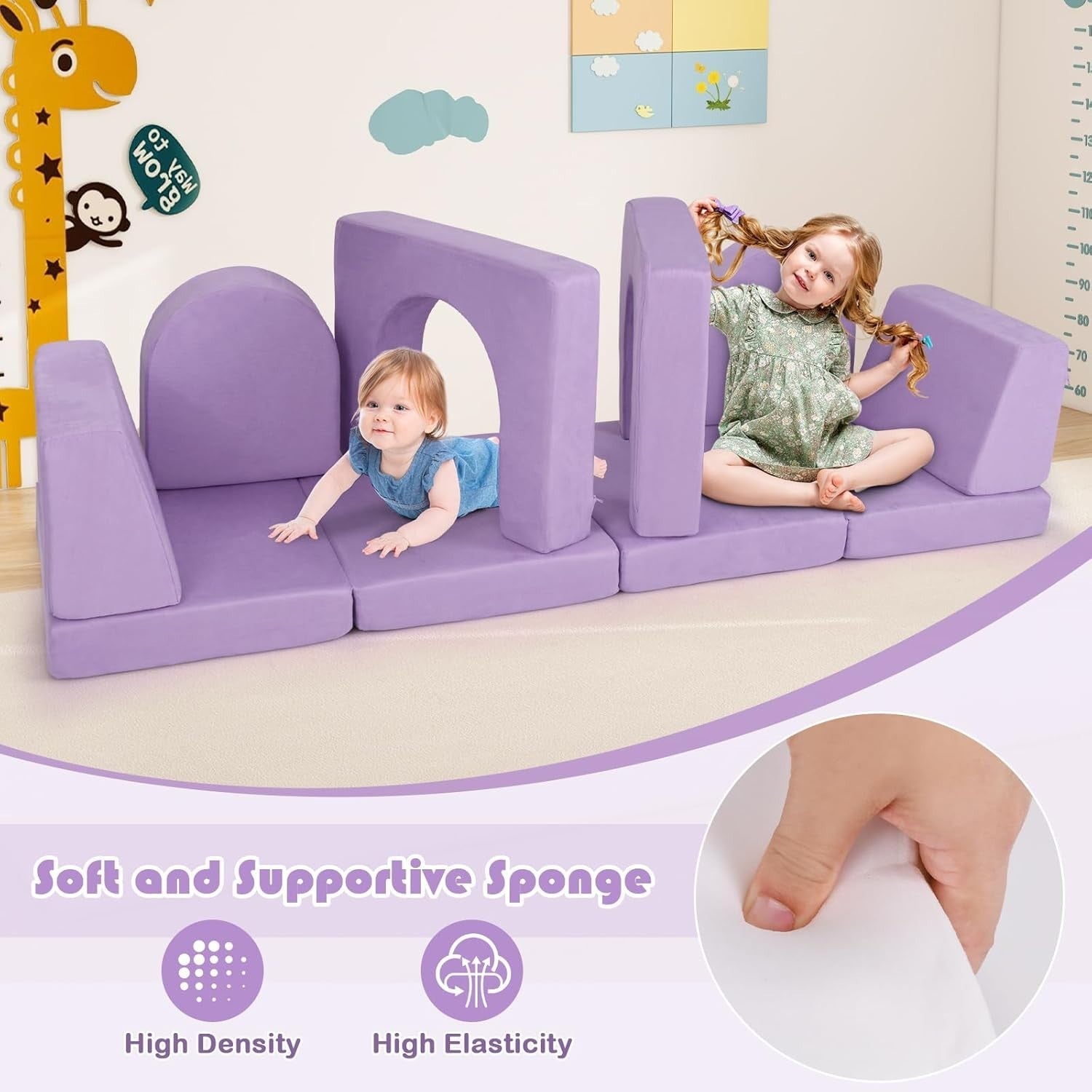 Kids Modular Play Sofa Purple 8pc Foam Couch Bed Set Washable Covers