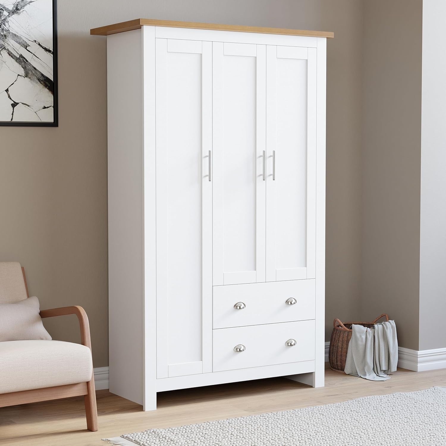 White 3 Door Wardrobe with Drawers & Rail – Modern Bedroom Storage Unit