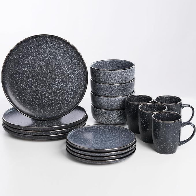 16 Piece Stoneware Dinner Set for 4 Plates Bowls Mugs Dark Blue