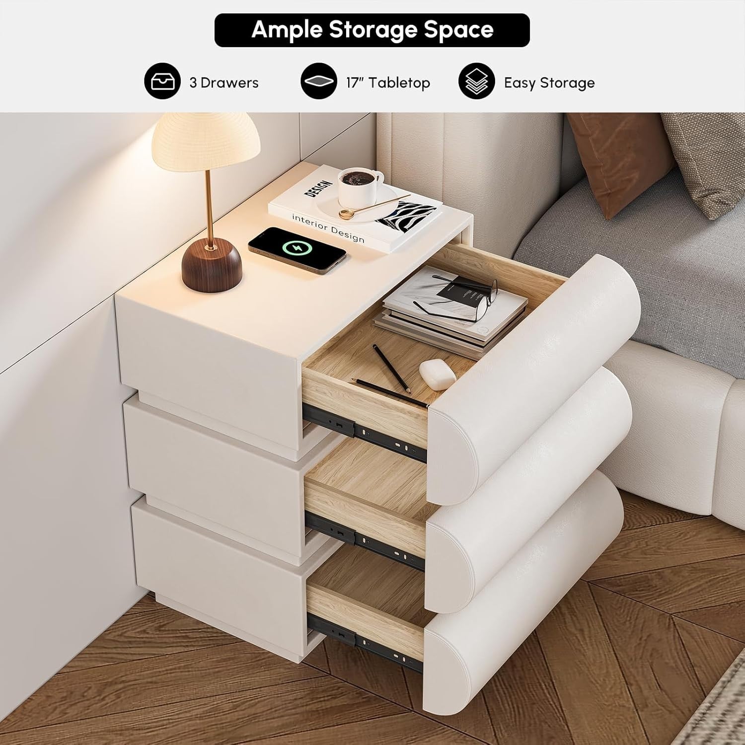 Luxury 3 Drawer Bedside Table with Wireless Charger USB Type-C