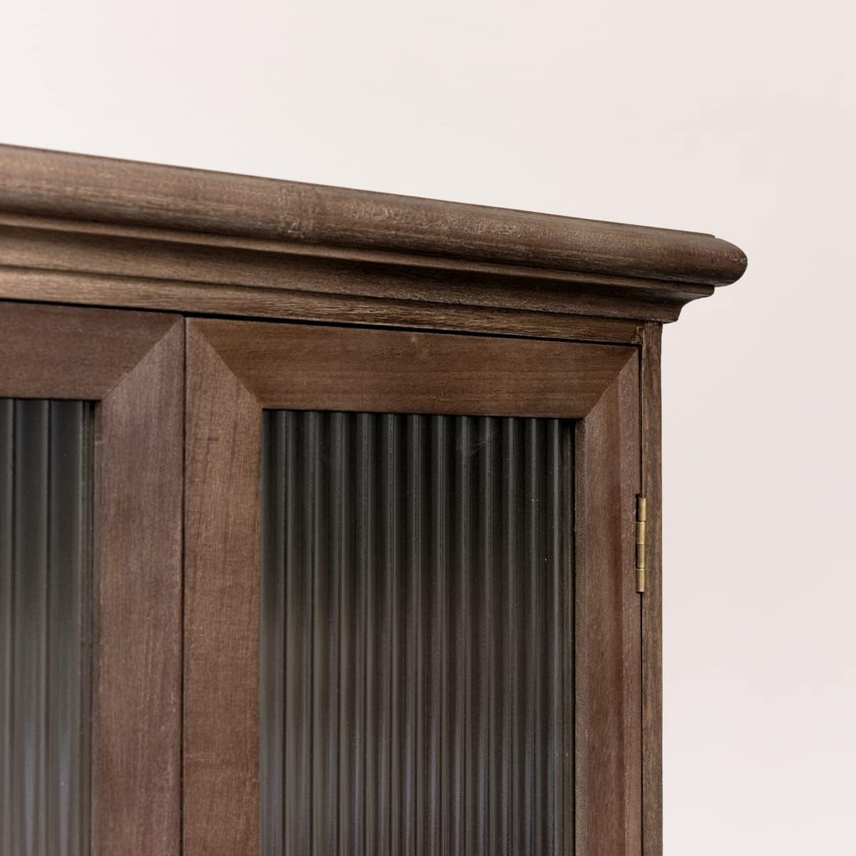 Rustic Wooden Glass Wall Cabinet with Reeded Doors & Gold Handles - 50x61x19cm