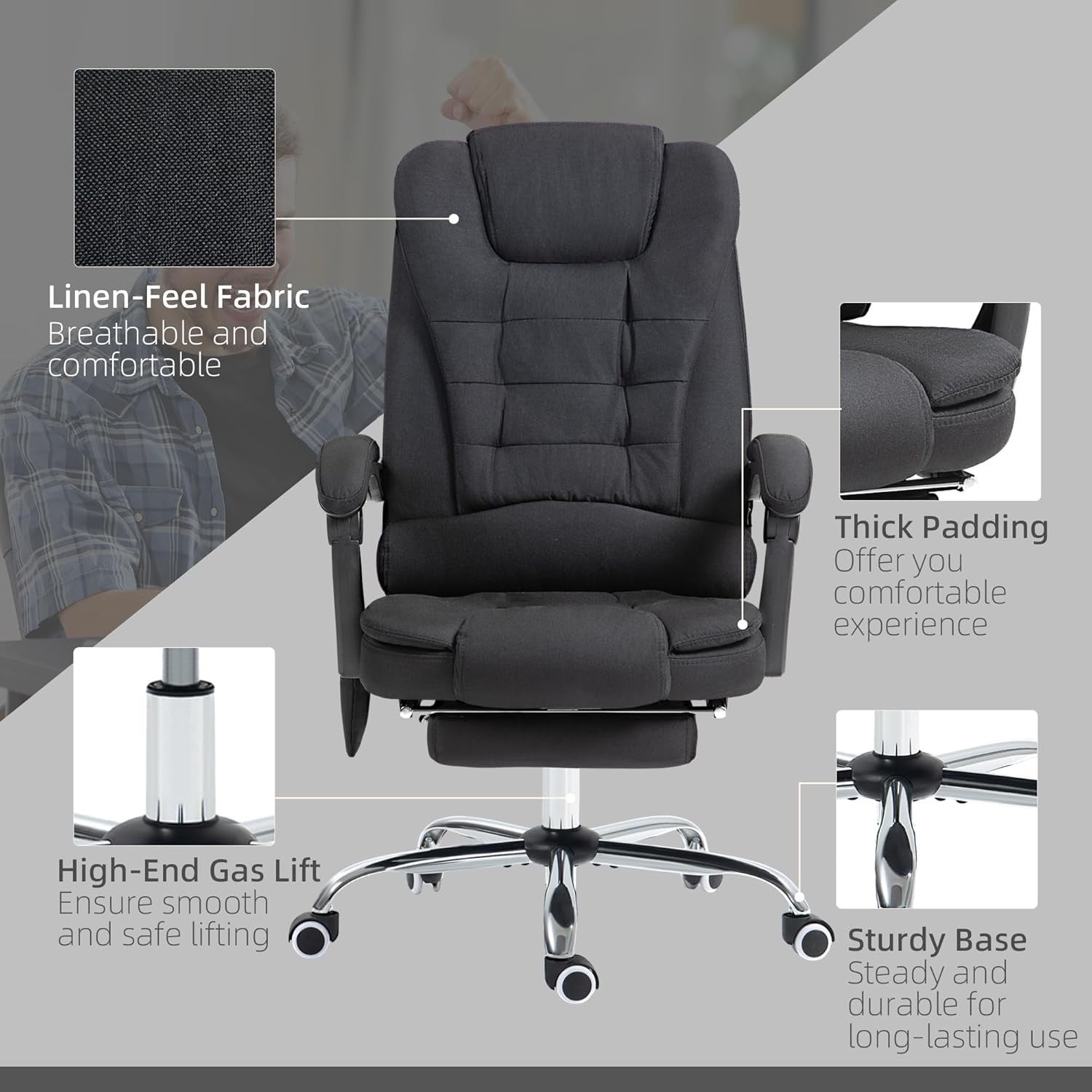 Reclining Massage Office Chair Heated Footrest High Back Linen Black Swivel Desk