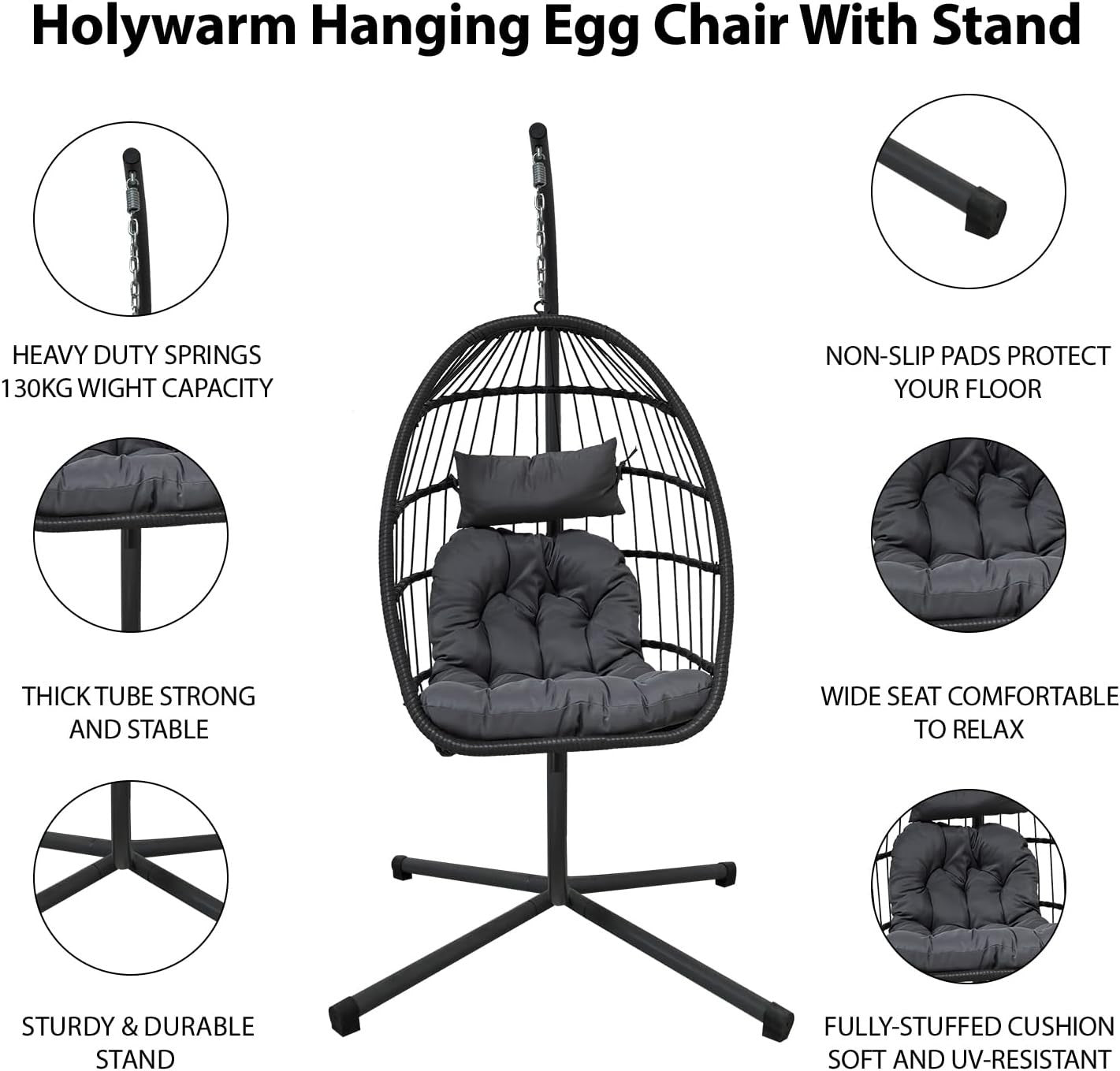 Light Grey Rattan Hanging Egg Chair with Stand | Indoor Outdoor Foldable Swing