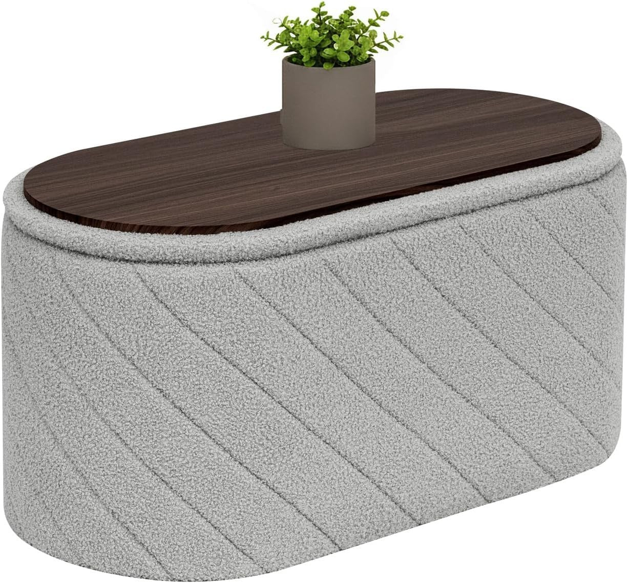 Grey Oval Storage Ottoman Bench 3-in-1 Footrest Seat with Hidden Storage