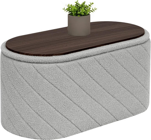 Grey Oval Storage Ottoman Bench 3-in-1 Footrest Seat with Hidden Storage