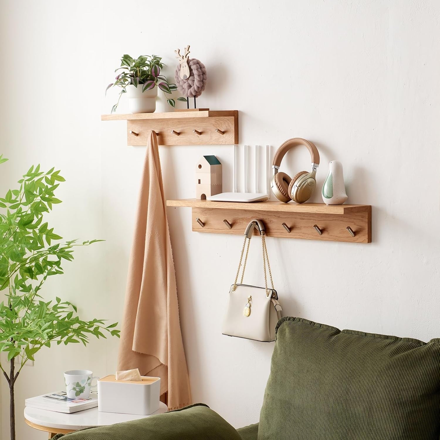 20in Oak Wood Wall Shelf with Hooks Entryway Coat Rack Floating Hat Towel Rail