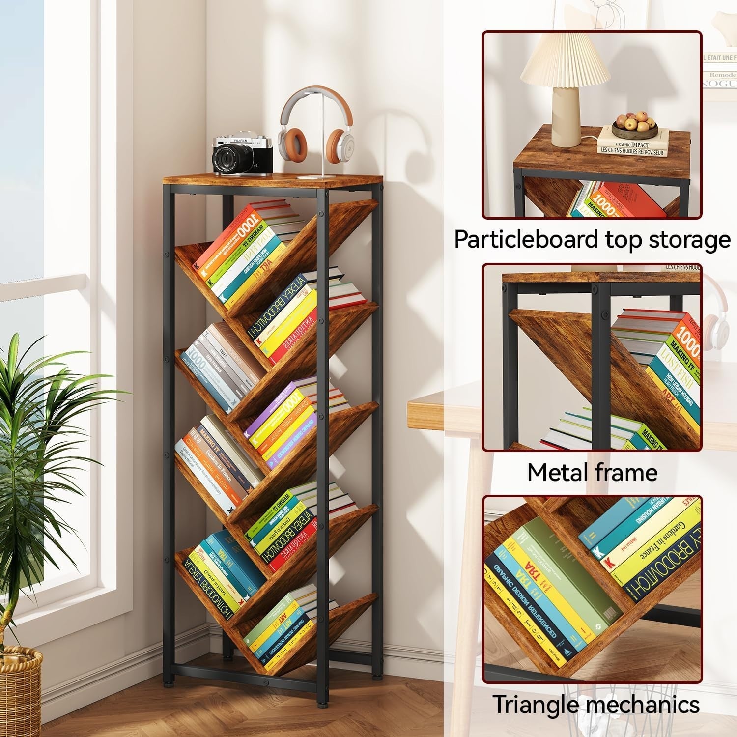 9-Tier Rustic Brown Tree Bookshelf Narrow Space Floor Standing Shelf