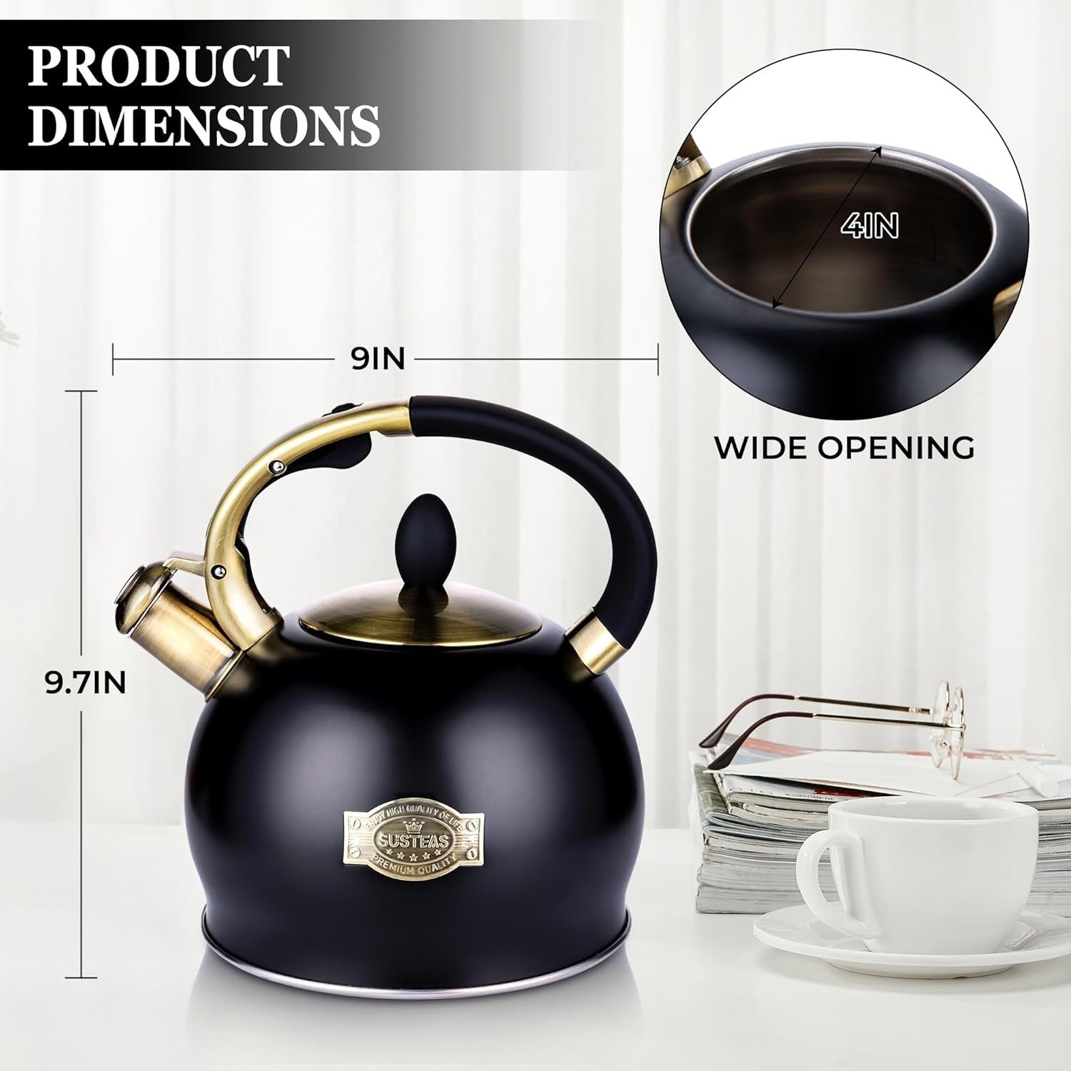 3L Whistling Tea Kettle Stainless Steel Stove Top Teapot Black