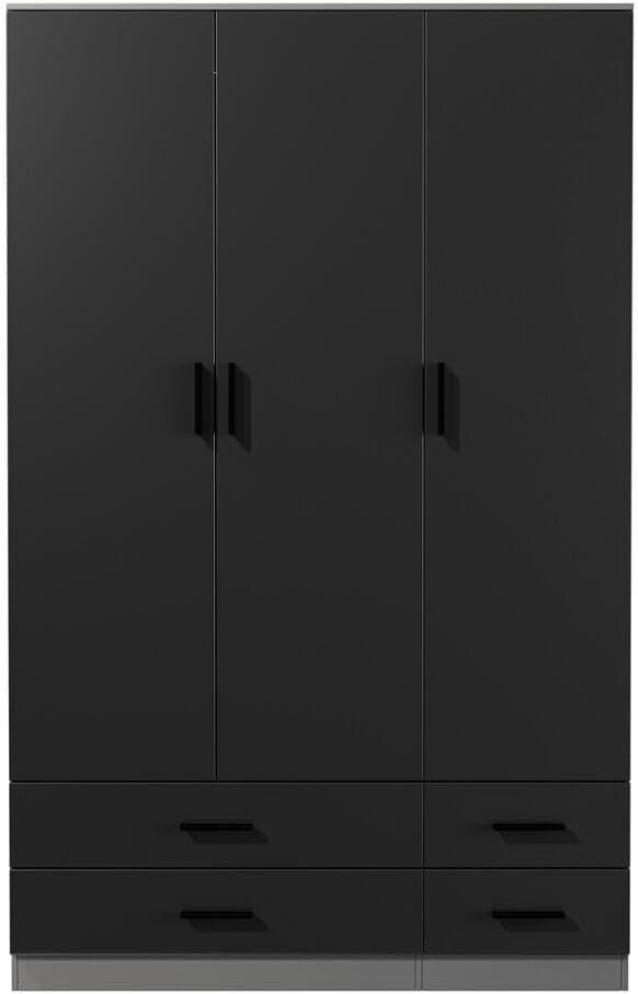 Black & Grey 3 Door Wardrobe 4 Drawers Rail Bedroom Cupboard Storage Modern
