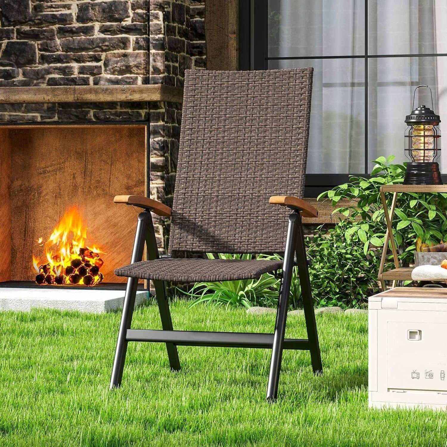 Brown Folding Recliner Garden Chair High Back Rattan Patio Dining Seat