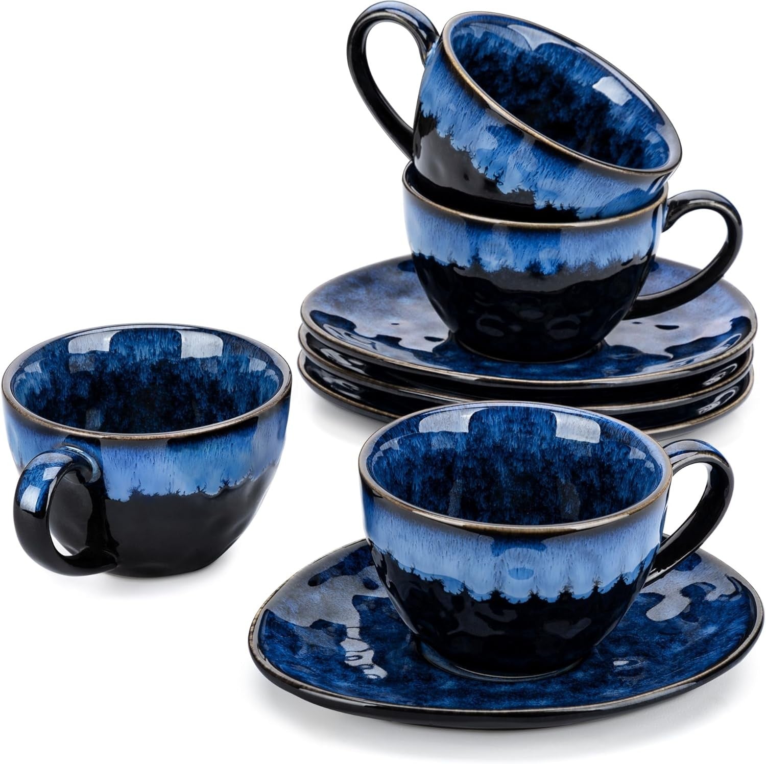 8pc Ceramic Coffee Cup & Saucer Set 270ml Blue Espresso Tea Cups