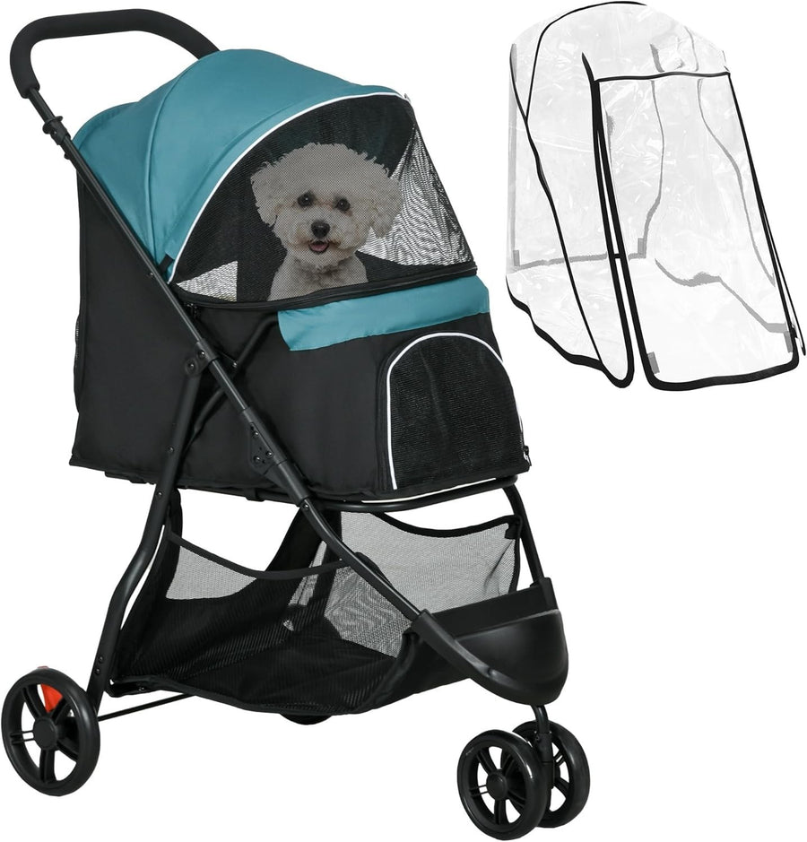 3 Wheel Dog Pram with Rain Cover Foldable Pet Pushchair Small Dogs