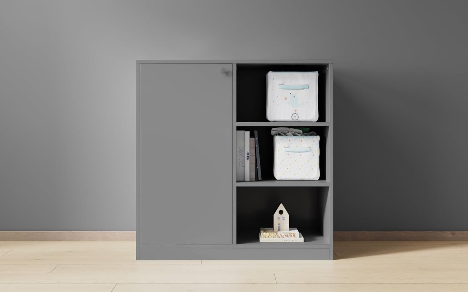 Grey Bunk Bed with Storage Stairs & Shelves for Kids Room Space Saving