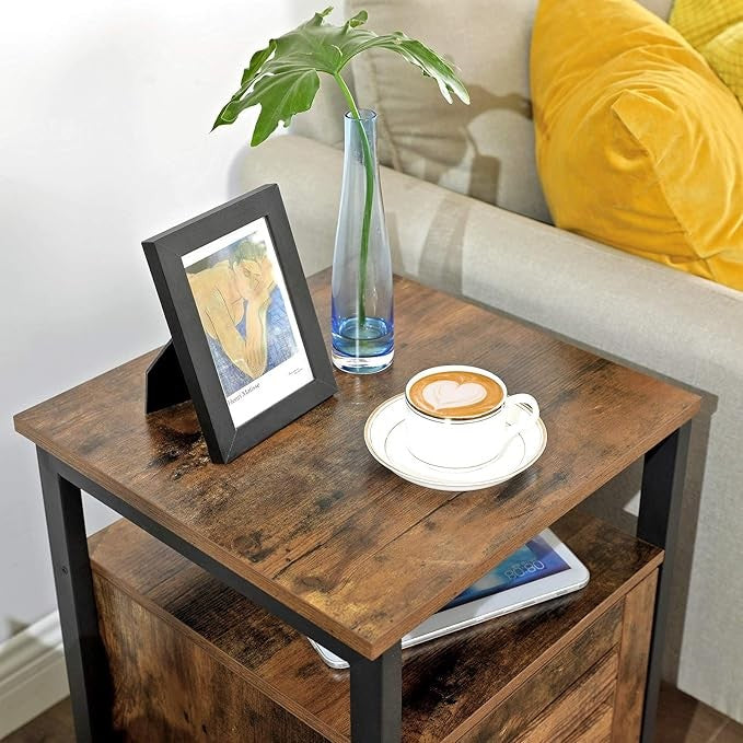 Rustic Brown Industrial Bedside Table with Drawer & Adjustable Shelf