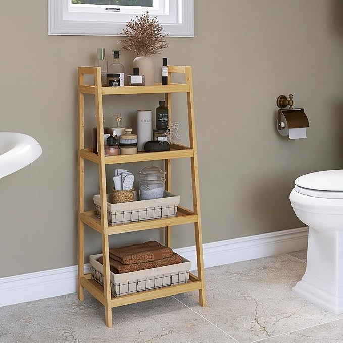 4 Tier Bamboo Ladder Shelf Freestanding Storage Rack for Living Room & Bathroom