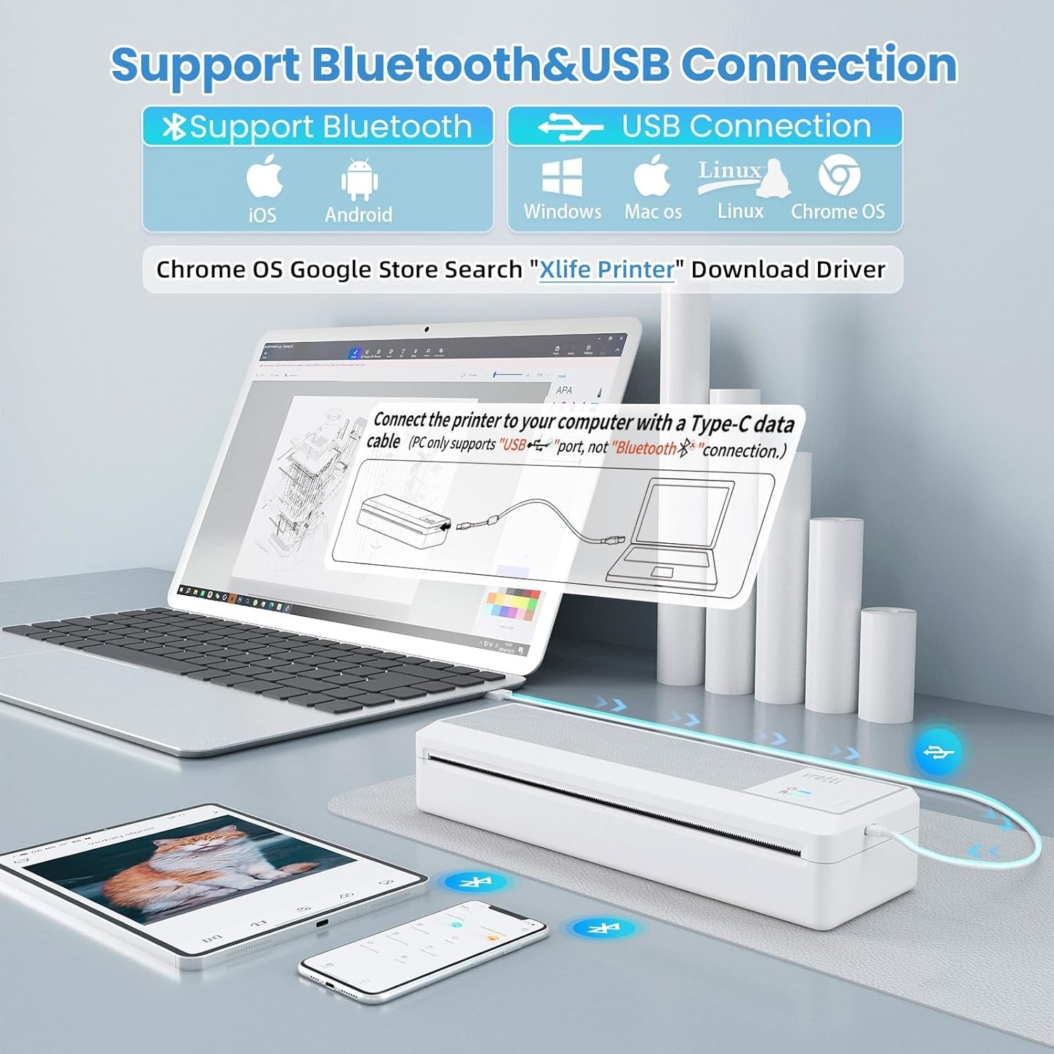 Vretti P83 Bluetooth Thermal Printer Wireless Inkless A4 Mobile Printer