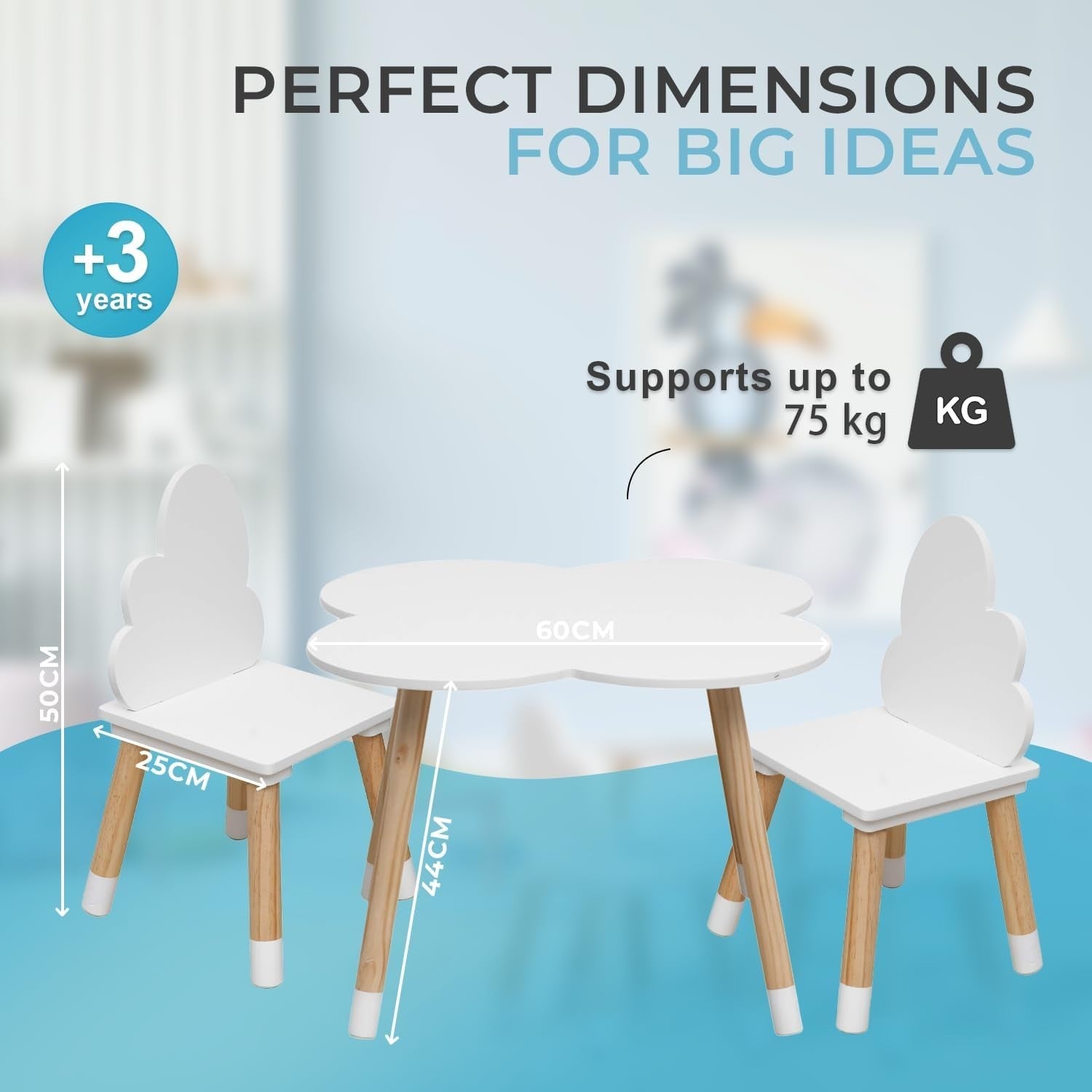 Kids Table and Chair Set with Rounded Edges, Scandinavian Style, Durable MDF