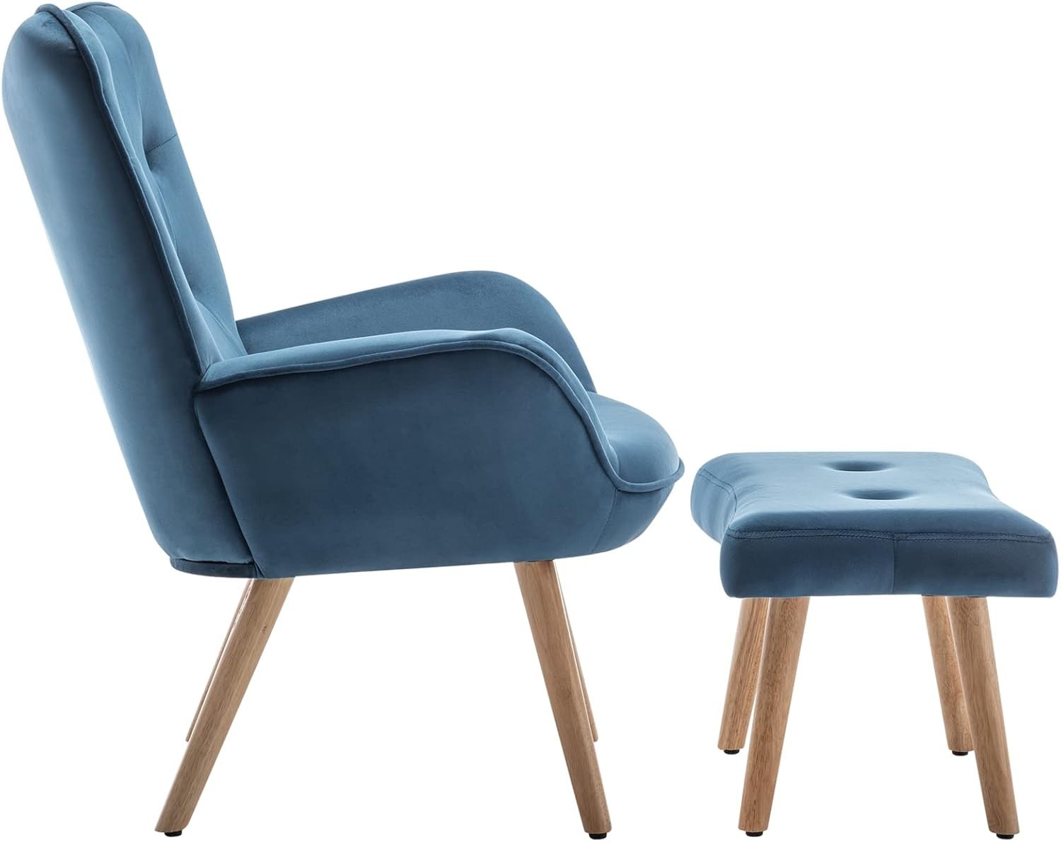Blue Velvet Armchair with Footstool, Comfy Reading Lounge Chair Set