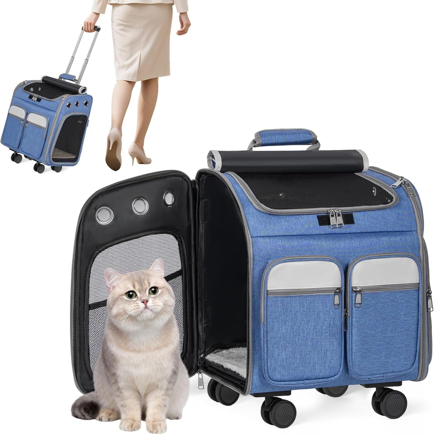 Cat Carrier with Wheels 3-in-1 Backpack Trolley Travel Bag Blue