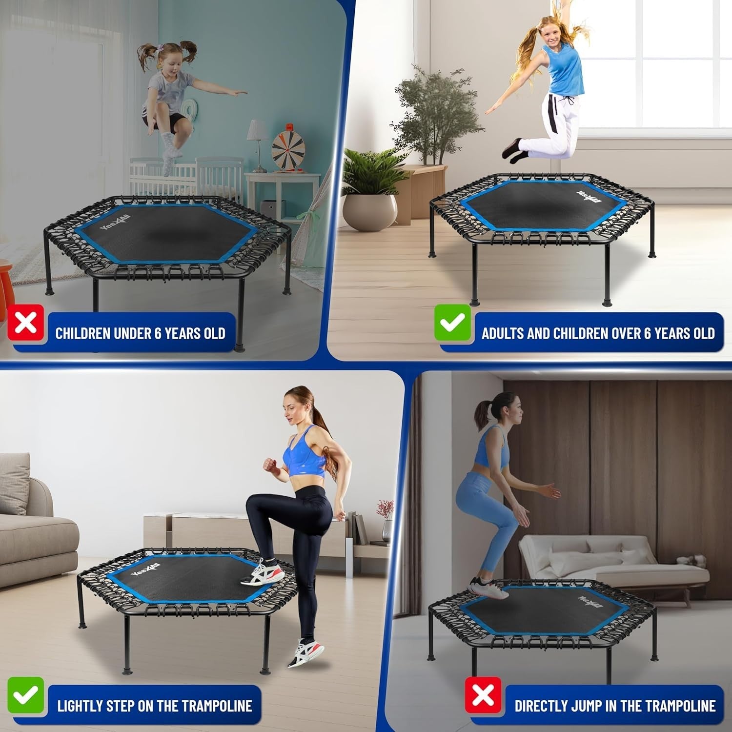 48in Hexagonal Fitness Rebounder Trampoline Silent Bungee 350lb