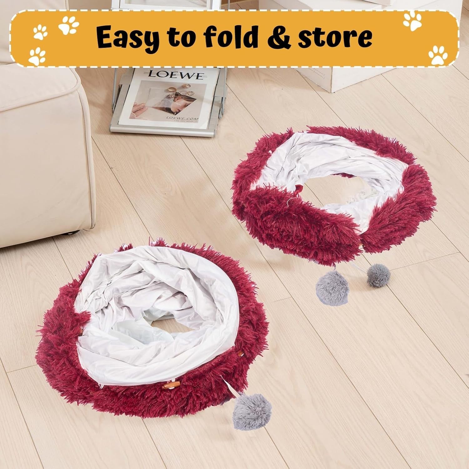 Cat Tunnel Bed Plush Donut Play Tunnel Large Circle w Cushion Red