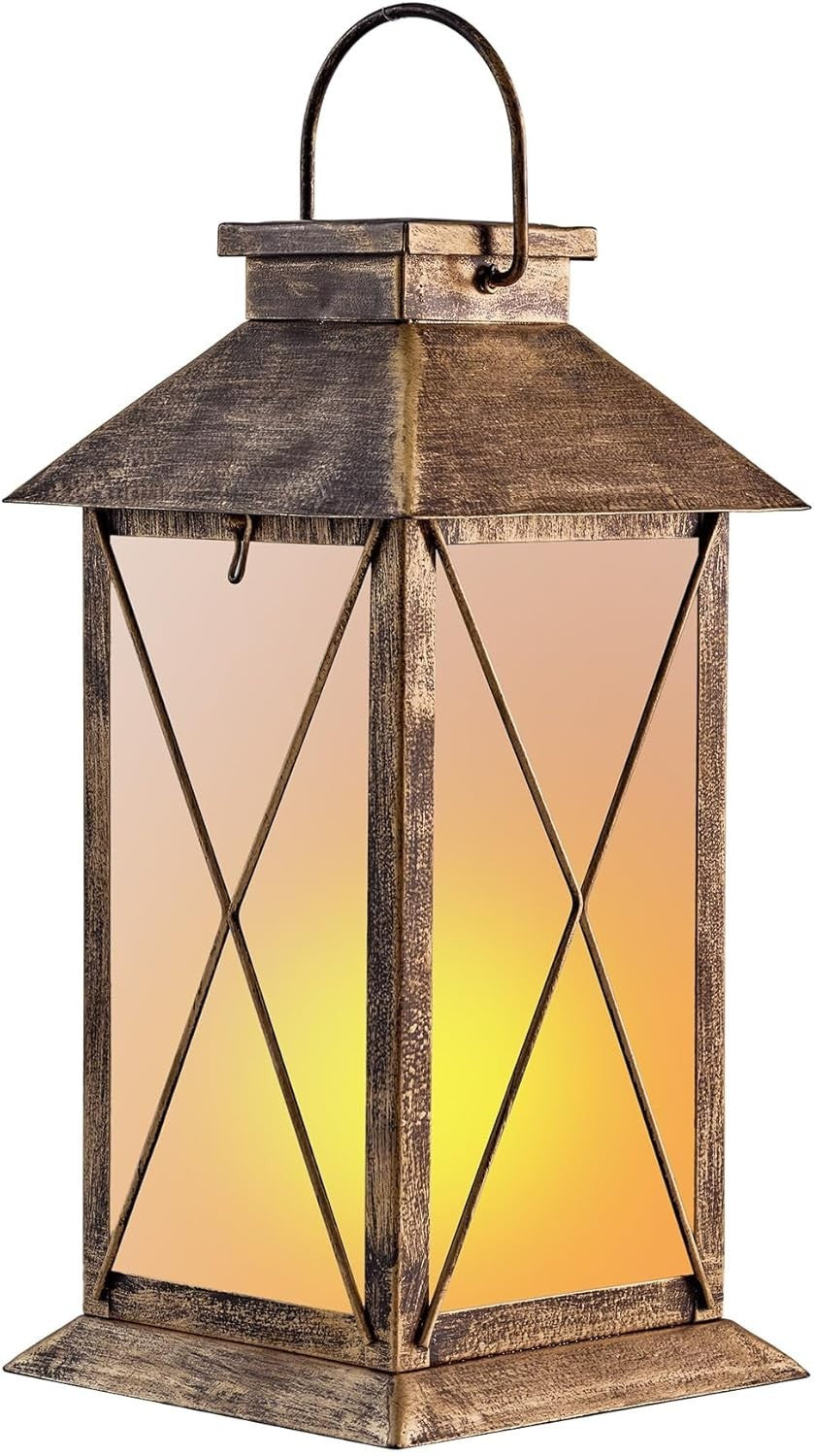 2-Pack Solar Lanterns Flickering Flame 13" Glass Metal Outdoor Lights