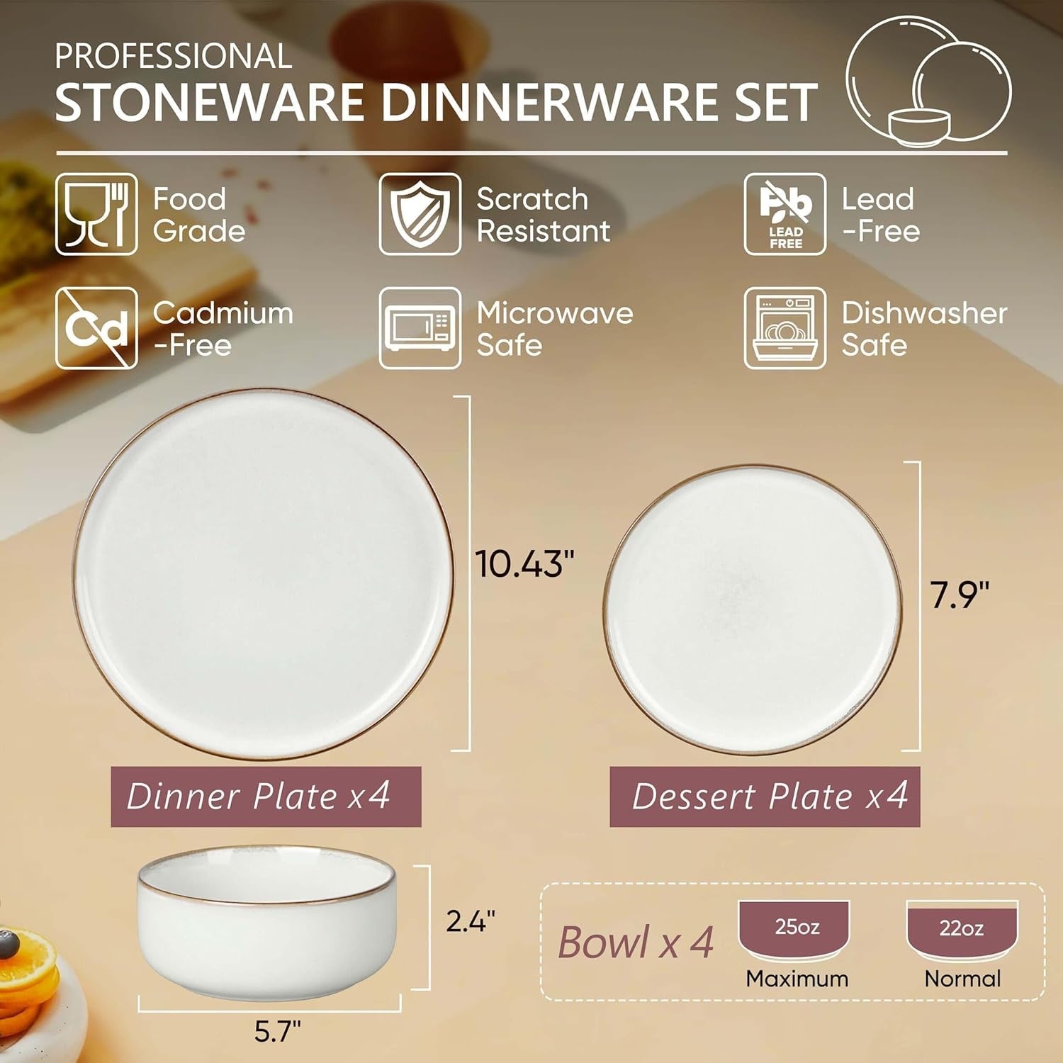 12pc Stoneware Dinner Set Plates Bowls Microwave Dishwasher Safe Ivory