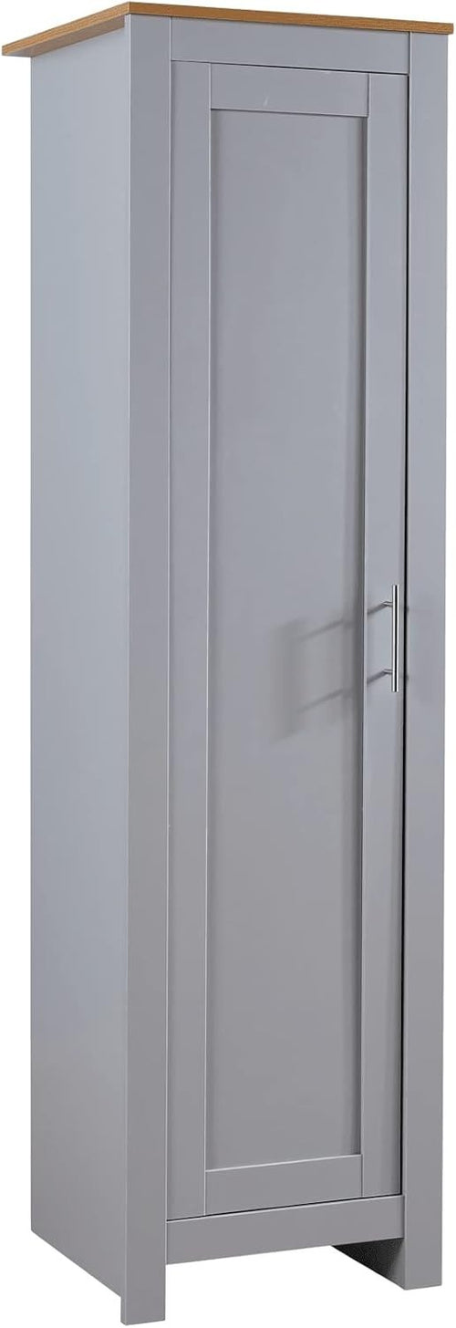 Slim 1 Door Grey Wardrobe with Hanging Rail & Deep Storage Shelf, Oak Top
