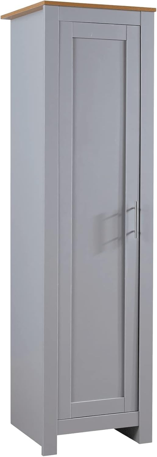 Slim 1 Door Grey Wardrobe with Hanging Rail & Deep Storage Shelf, Oak Top