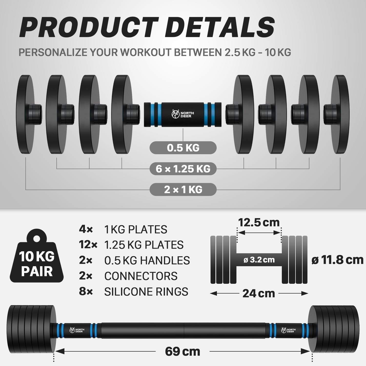 Compact Adjustable Steel Dumbbell Barbell Pair Up to 10KG Home Training