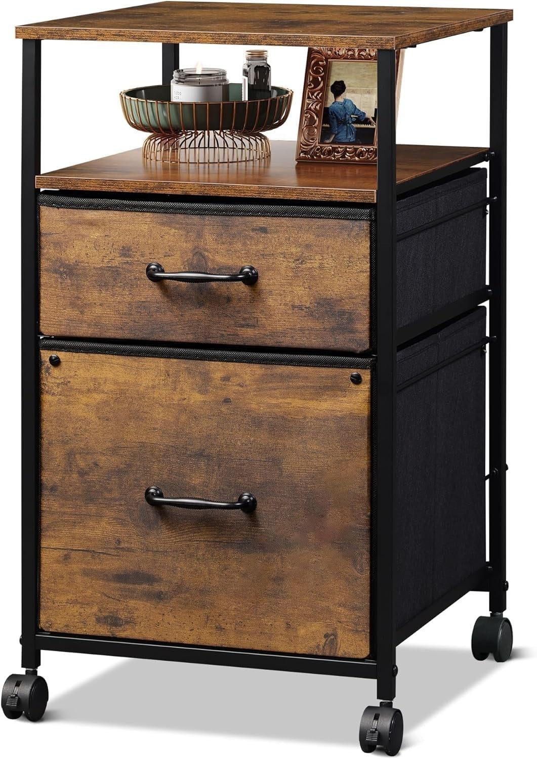 Rustic Brown Mobile File Cabinet 2 Drawer 68cm Under Desk