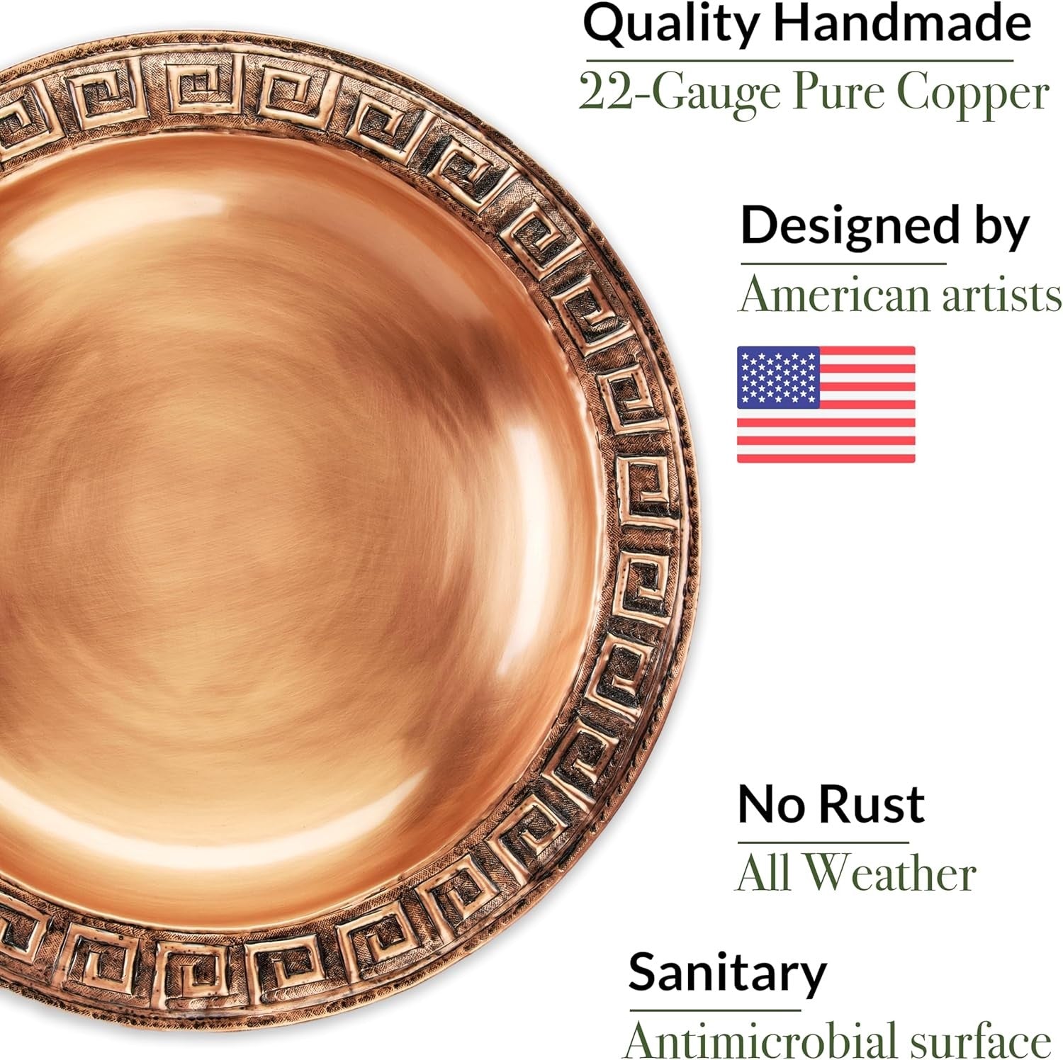 Greek Design Copper Bird Bath | 18" Large Garden Bowl with Metal Stand
